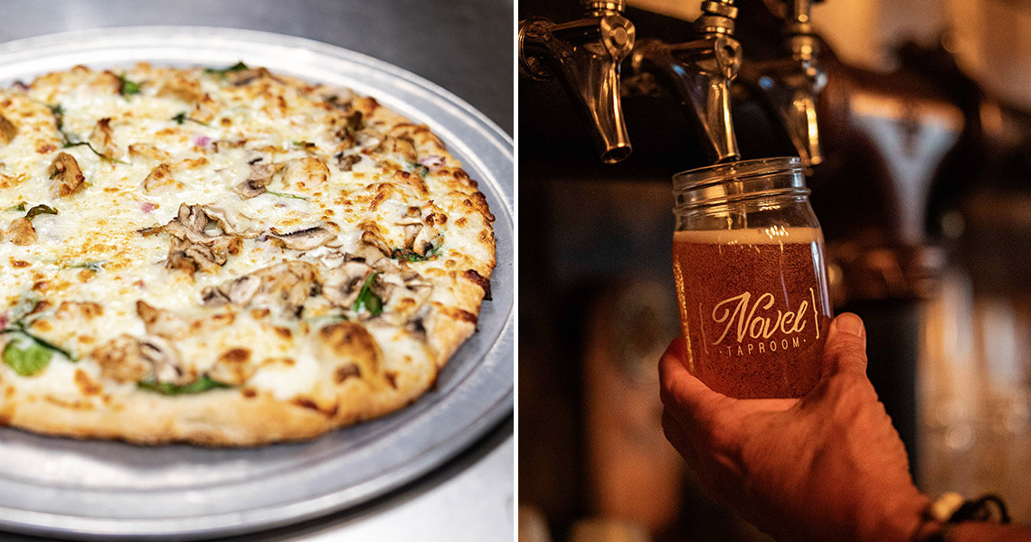 Chicken Florentine Pizza from Geppeto's Pizza; a beer from Novel Taproom, both in Newton NC