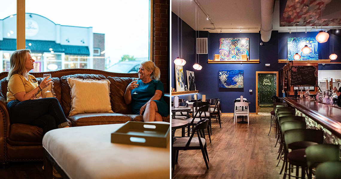 Two ladies drinking beers at Pour Choices Bottle Shop; the bar inside 3 Little Birds Corks & More in Newton, NC