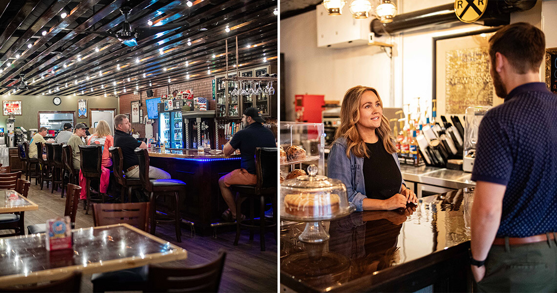 People gather around the bar at B-52s; a customer orders coffee at Narrow Gauge Coffee and Cafe