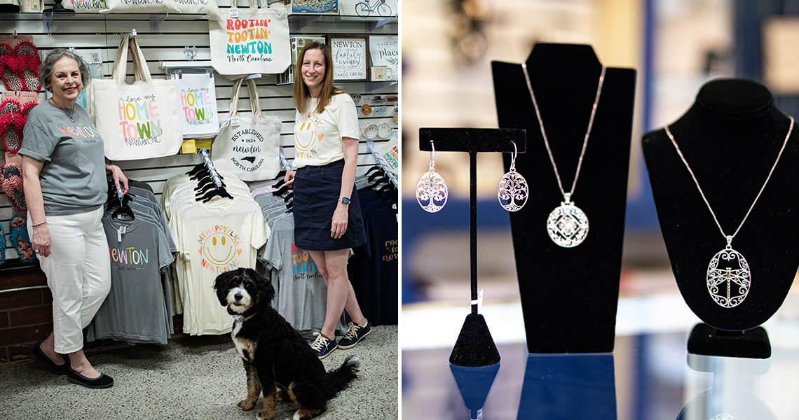 Shop owners at 2 Pink Magnolias and jewelry pieces at Dana's Fine Jewelry in Newton, NC