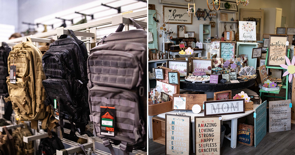 Backpacks on a rack and decorative pieces at Refuge Designs