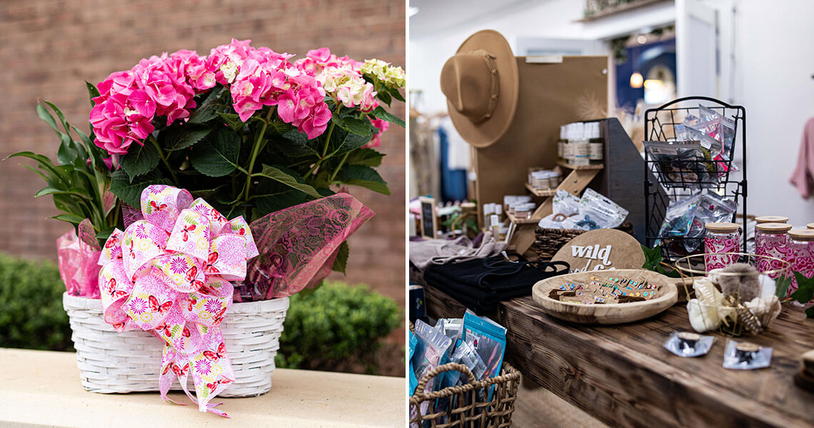 Bouquet of flowers at Abundant Life Florist. Decorative accessories at Livy Lou's Boutique