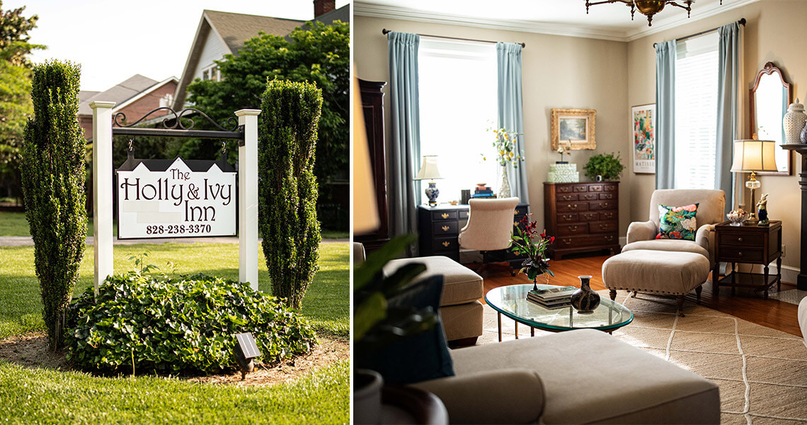 The Holly & Ivy Inn sign and lobby inside the inn in Newton, NC