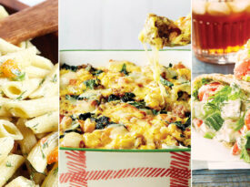 Picnic penne pasta salad, cheesy stratta, and Greek salad-stuffed pitas