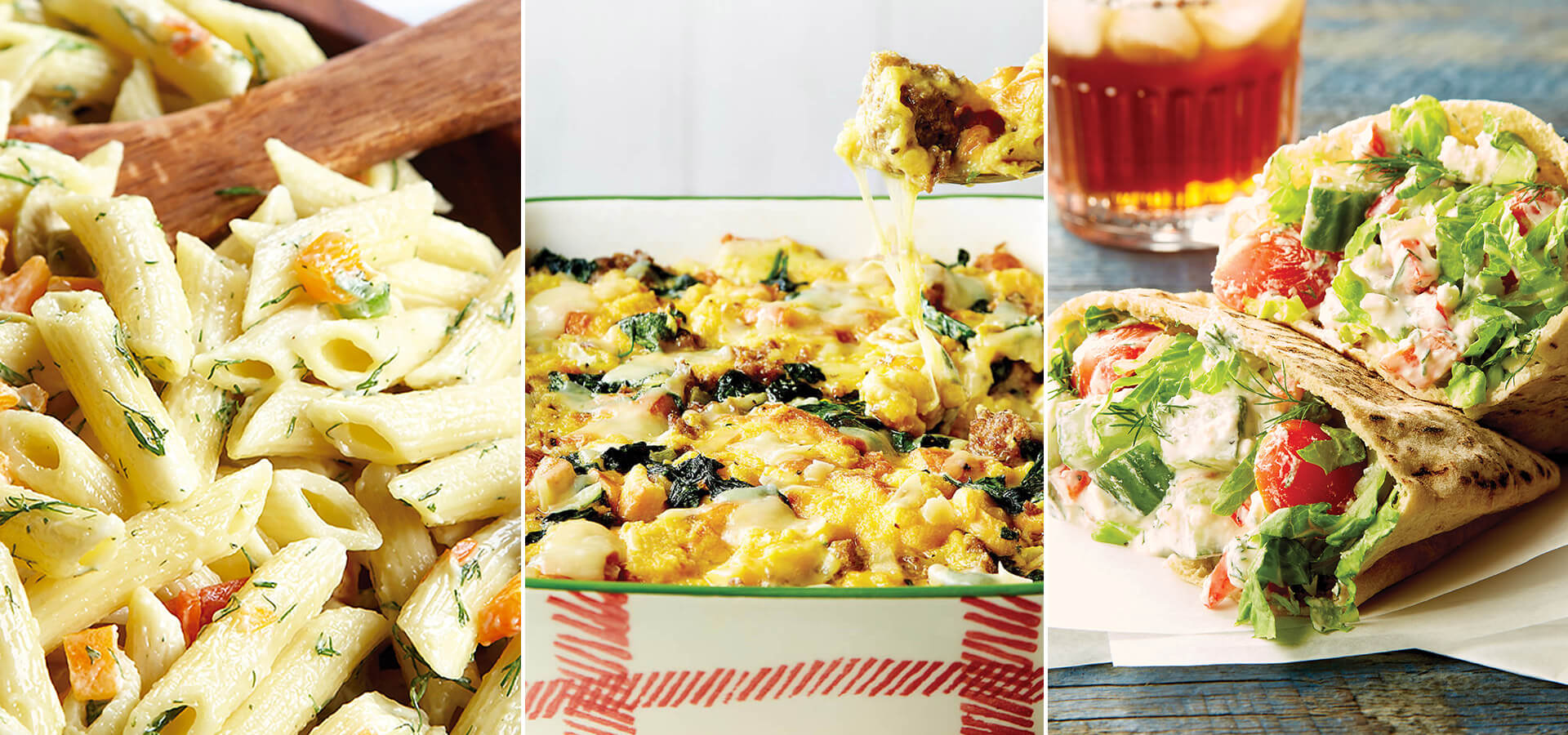 Picnic penne pasta salad, cheesy stratta, and Greek salad-stuffed pitas