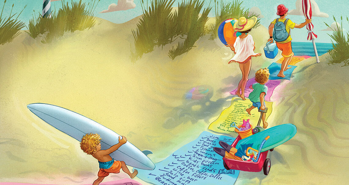 Illustration of family walking to the beach with with packing lists along the way