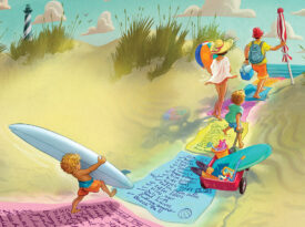 Illustration of family walking to the beach with with packing lists along the way