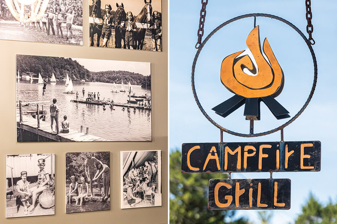 The wall at Campfire Grill, filled with black and white pictures of local summer camps. The sign at the entrance to Campfire Grill