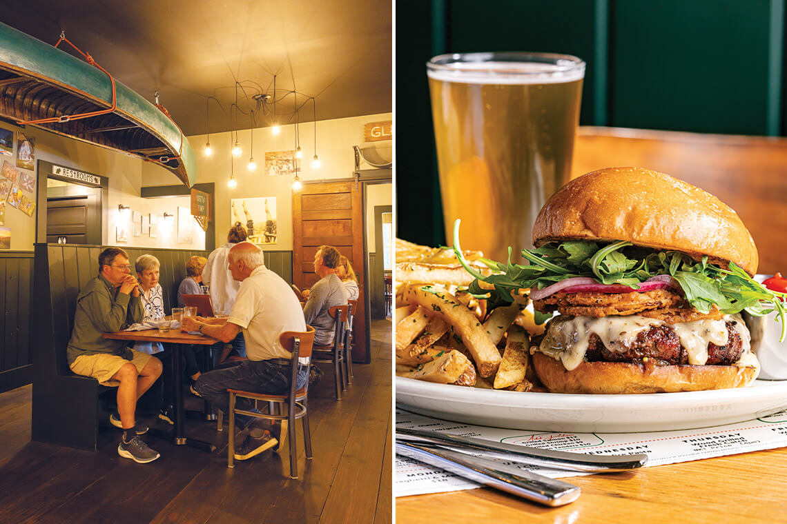 People dining inside Campfire Grill; the plate with the Counselor Burger and a beer
