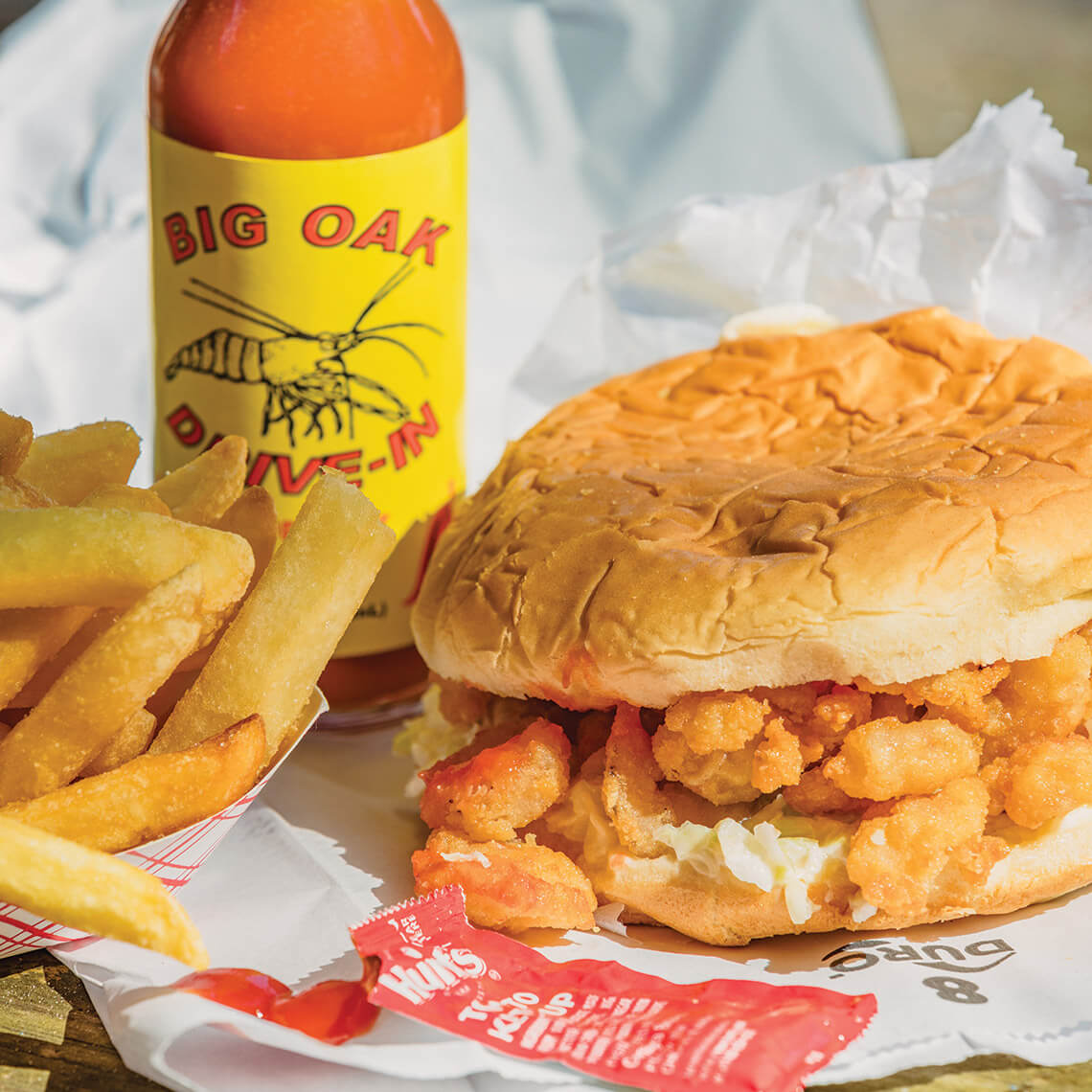 North Carolina shrimpburger with fries.
