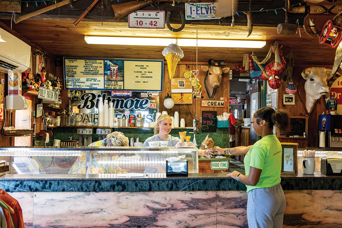 Serving up ice cream at the counter at Piggy's in Hendersonville, NC