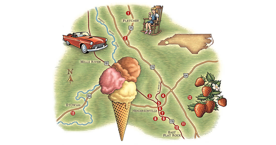 Map of the stops along the Hendersonville Ice Cream Trail