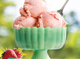 Glass dish of strawberry ice cream from McConnell Farms