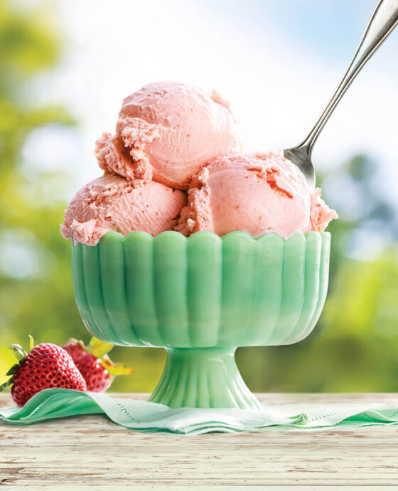 Glass dish of strawberry ice cream from McConnell Farms