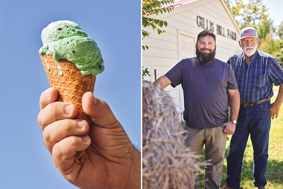 Hand holding cone of ice cream; William and John Gillis of Gillis Hill Farm, one of North Carolina's Bicentennial Farms