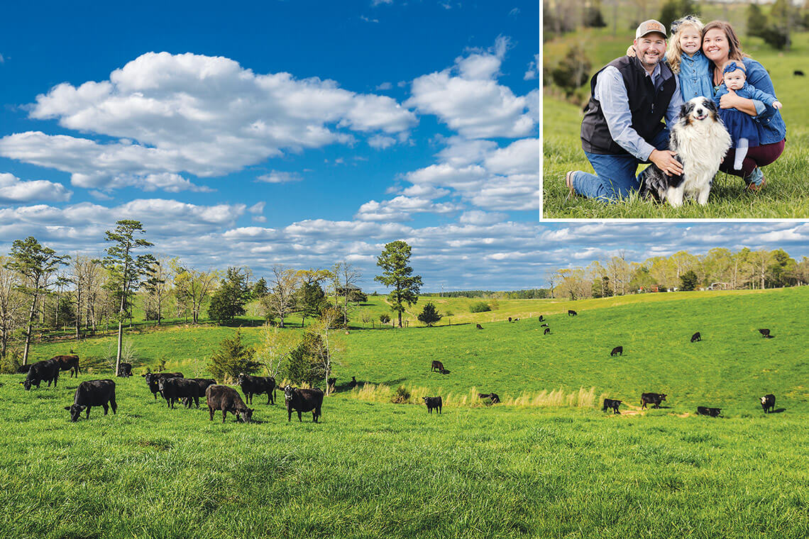 Bradley and Austin Wadsworth — pictured with their daughters, Willa Grace and Lora Jane, and dog, Maverick — and the Balancer beef cattle they raise at Wadsworth Farm, a bicentennial farm in North Carolina