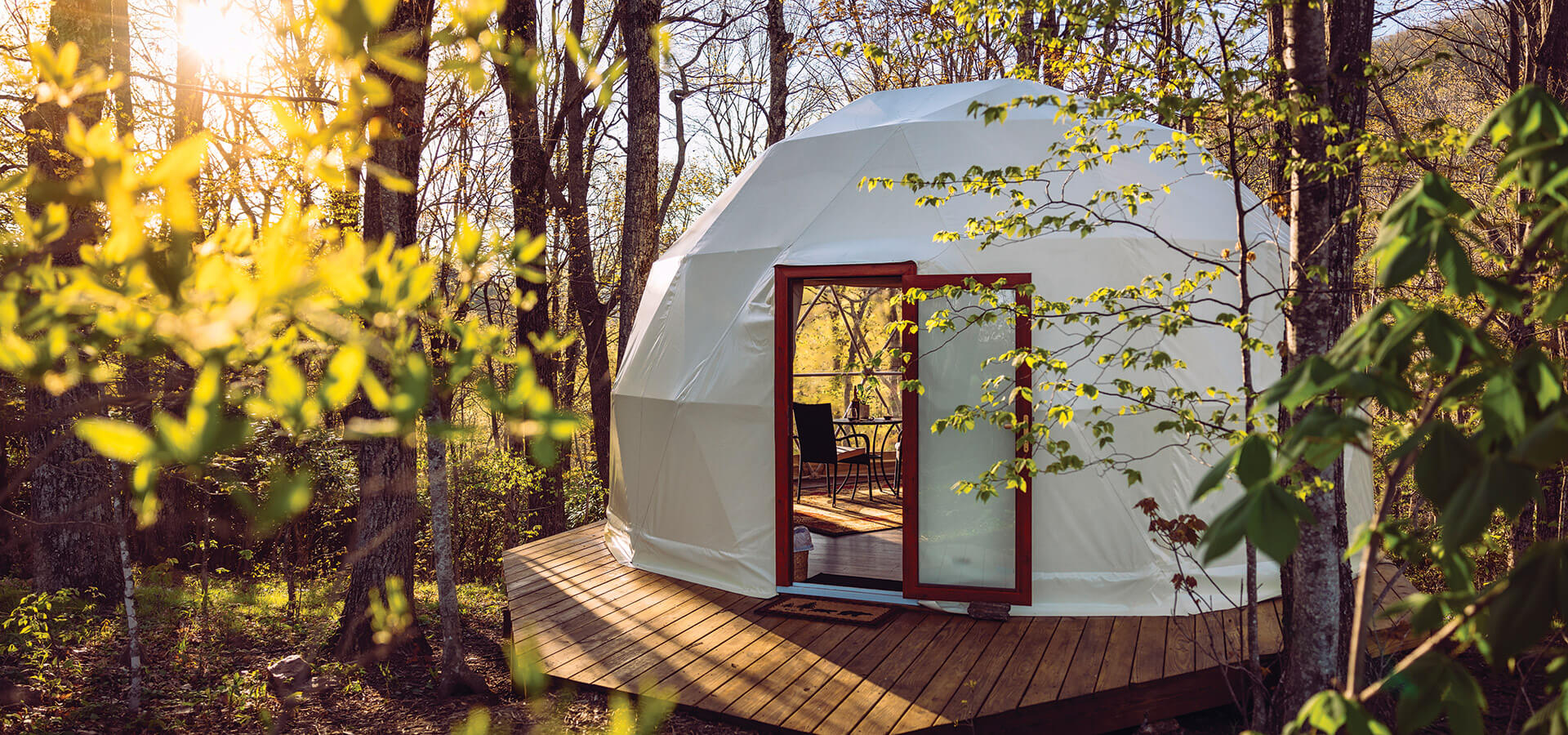 Glamping accommodations on the platform at Blue Bear Mountain Camp