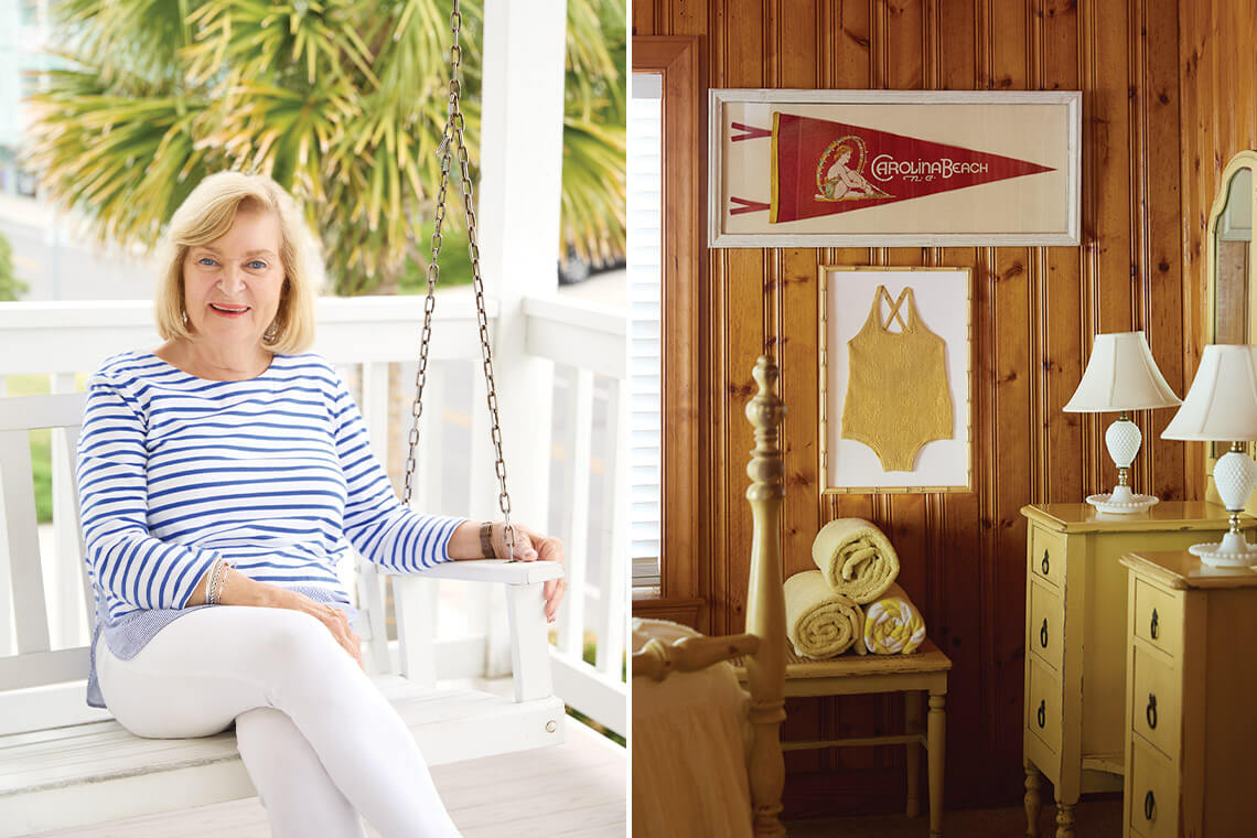 Elaine Henson on the porch of her home; a 1930s child's one-piece suit framed in the bedroom