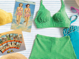 Vintage "bathing beauty" postcards and old bathing suits.