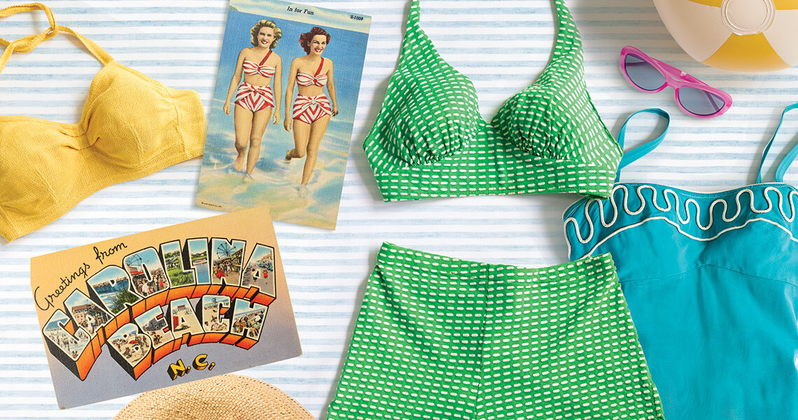 Vintage "bathing beauty" postcards and old bathing suits.