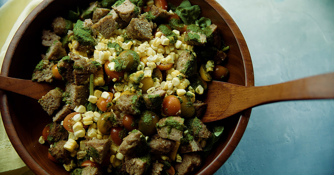 Salad bowl with sausage and corn salad