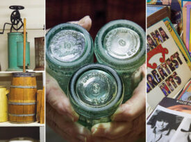 Collage of collections from the Brady C. Jeffcoat Museum of Americana, including glass bottles, butter churns, and vinyl records