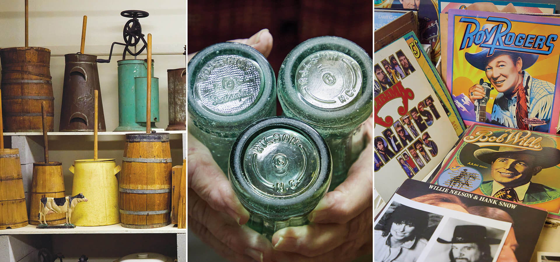 Collage of collections from the Brady C. Jeffcoat Museum of Americana, including glass bottles, butter churns, and vinyl records