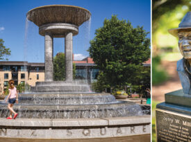 Jerry Miller statue in downtown Cary and the iconic fountain in Frantz Square