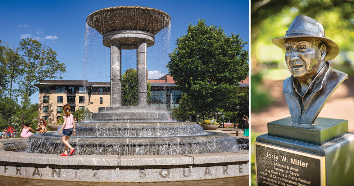Jerry Miller statue in downtown Cary and the iconic fountain in Frantz Square