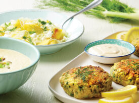 Summer recipes include corn soup, zucchini "crab" cakes, and peach salad.