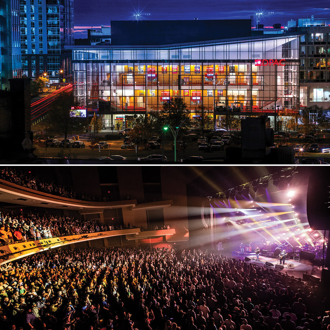 Durham Performing Arts Center Exterior and a show inside the theater.