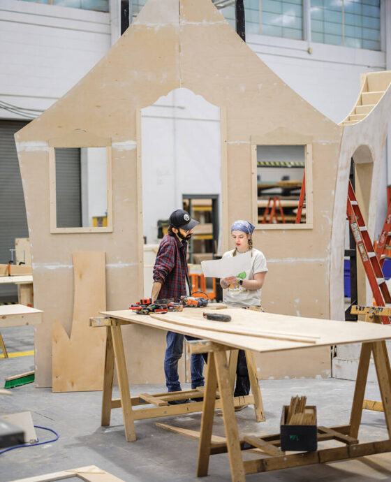 Scene technology students Andrew Johnson and Alyssa Landry design costumes at UNCSA