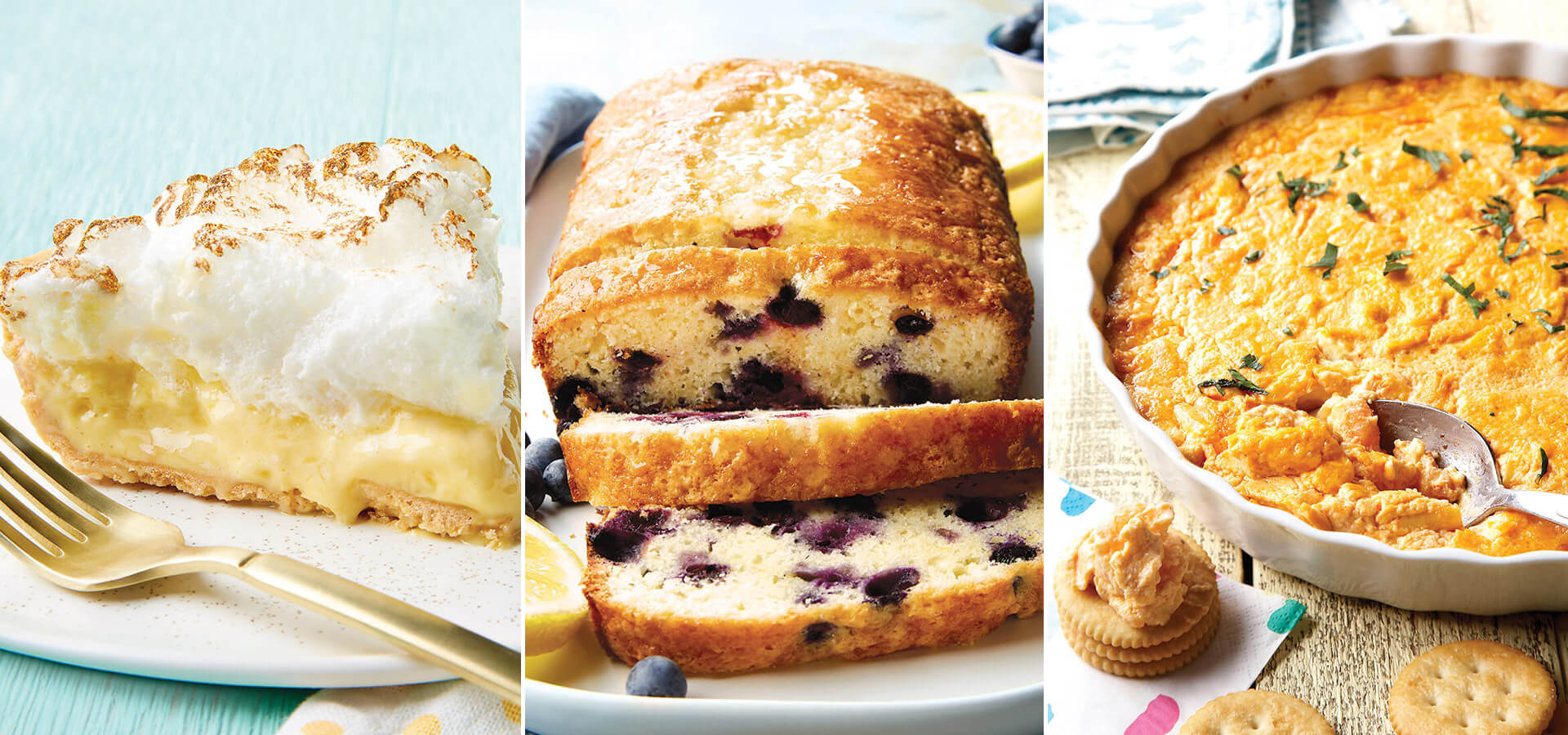 Lemon icebox pie, lemon blueberry bread, and deviled crab dip