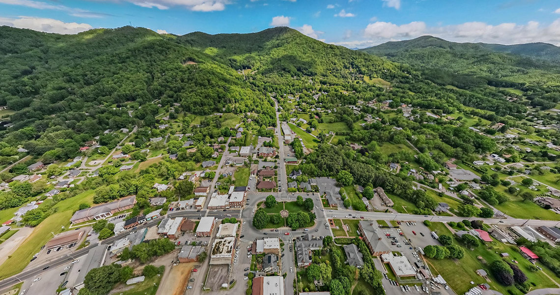 Birds-eye view of downtown Burnsville, NC