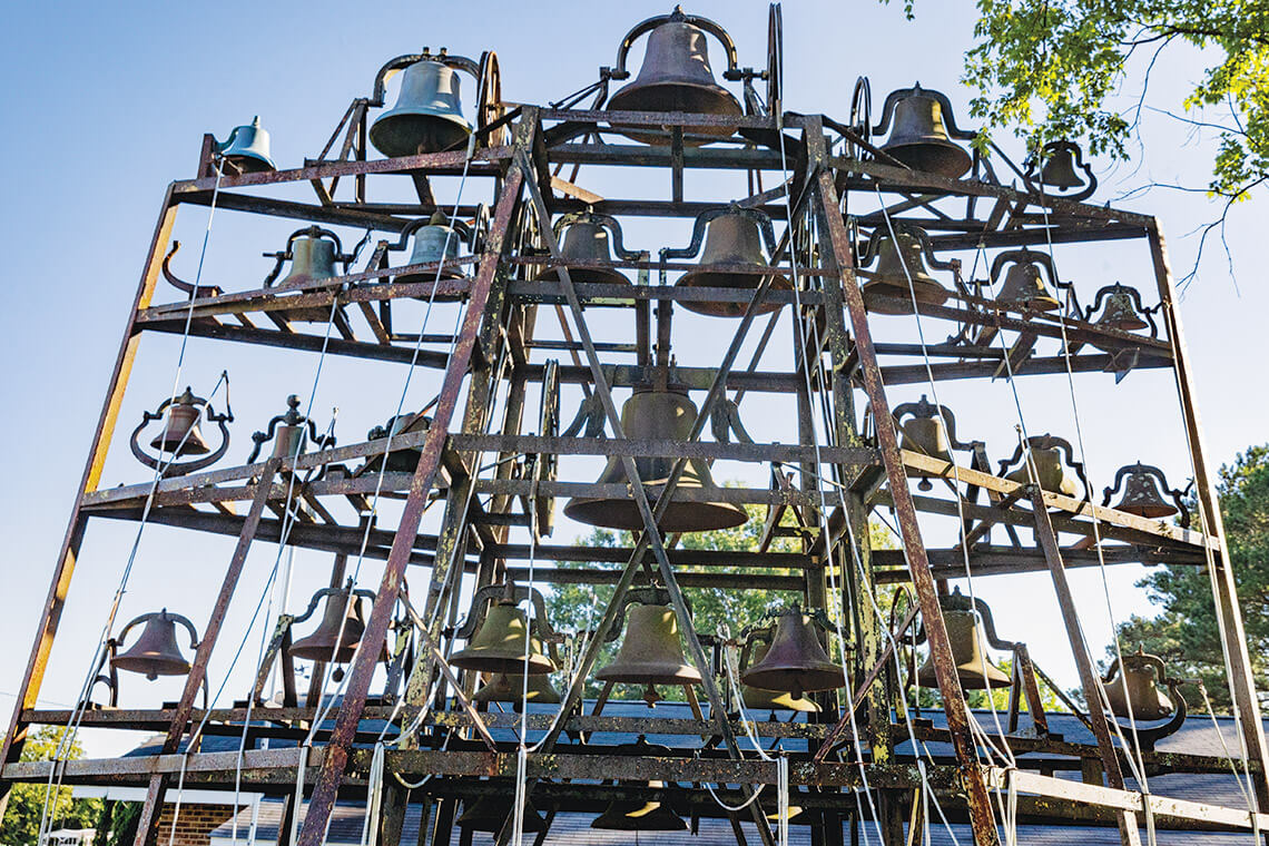 Robert Coats’s iron-and-concrete bell tower with 32 bells, now part of the Coats Bell Tower & Museum