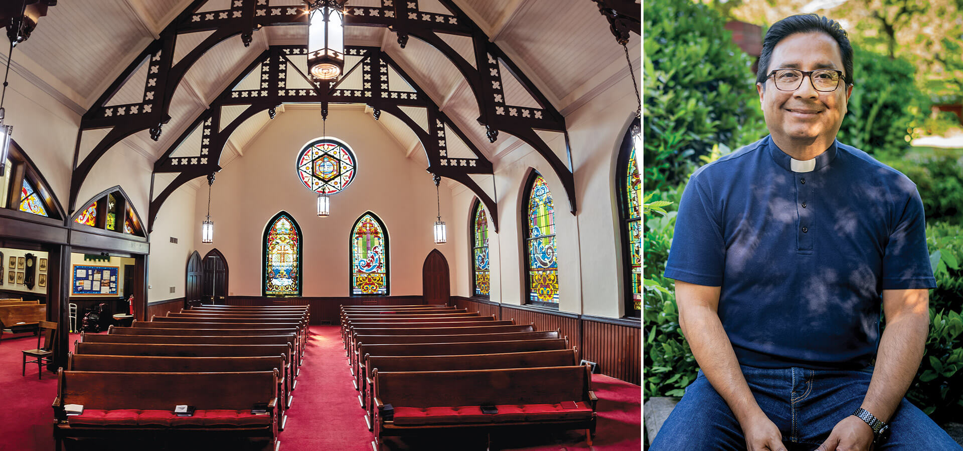 The sanctuary at Franklinton First United Methodist Church and Pastor Johnny Llerena