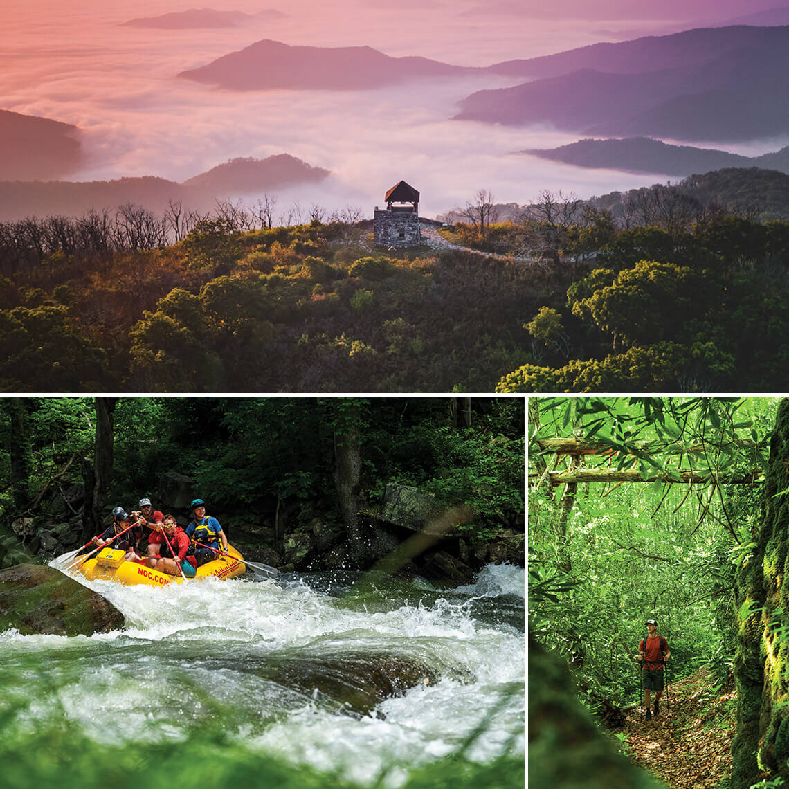 Wayah Bald Lookout Tower, People raft in the whitewater rapids at Nantahala Falls, A hiker walks along Bartram Trail in Nantahala National Forest