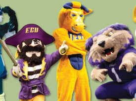 NC college mascots, the Seahawk, Pee Dee the Pirate, the Golden Bull, and the UNC Ram