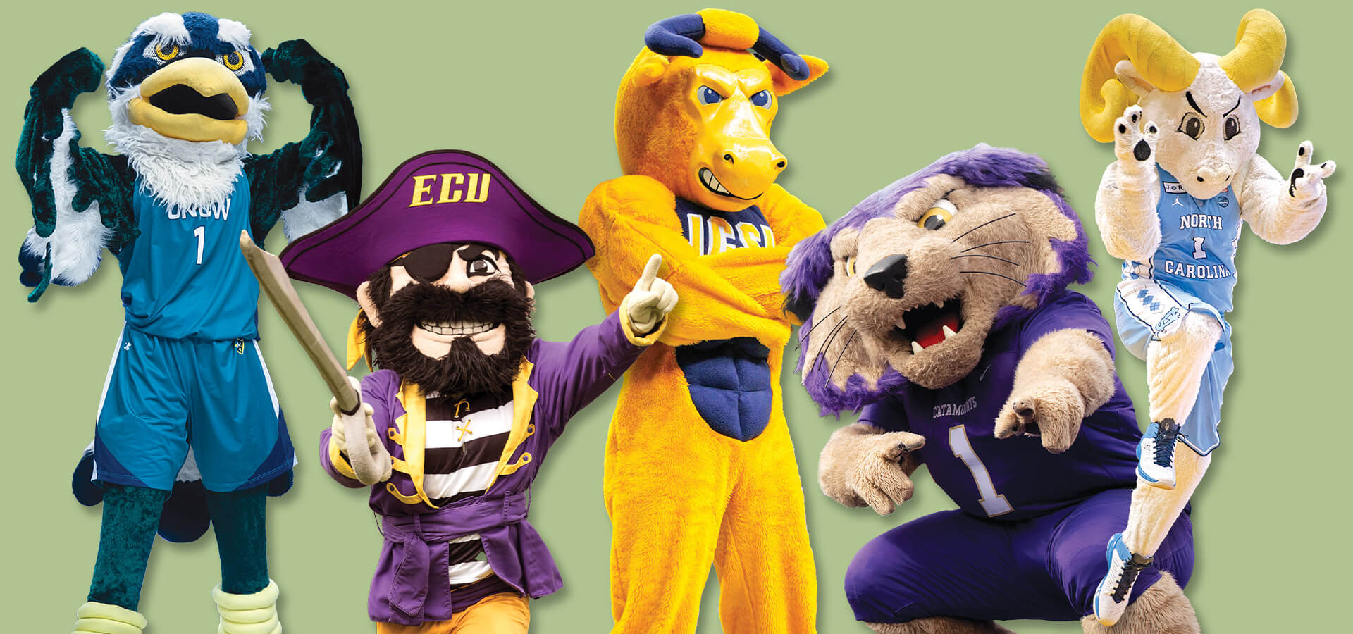 NC college mascots, the Seahawk, Pee Dee the Pirate, the Golden Bull, and the UNC Ram