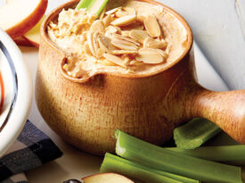 Little crock of port cheese spread, served with celery, apple slices, and olives