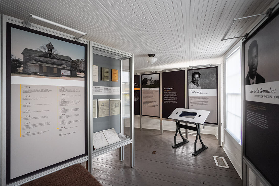 Inside the Historic Jarvisburg Colored School building are now exhibits that interpret the building's history 