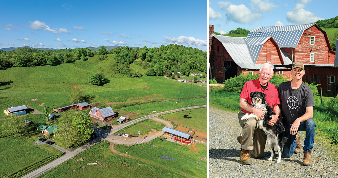 Shipley farm and Bob and Gray Shipley with their dog Nellie. 