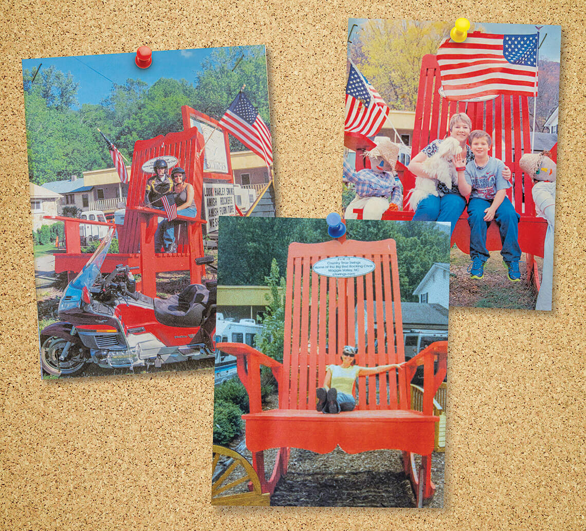 Pictures of tourists in the giant red rocking chair