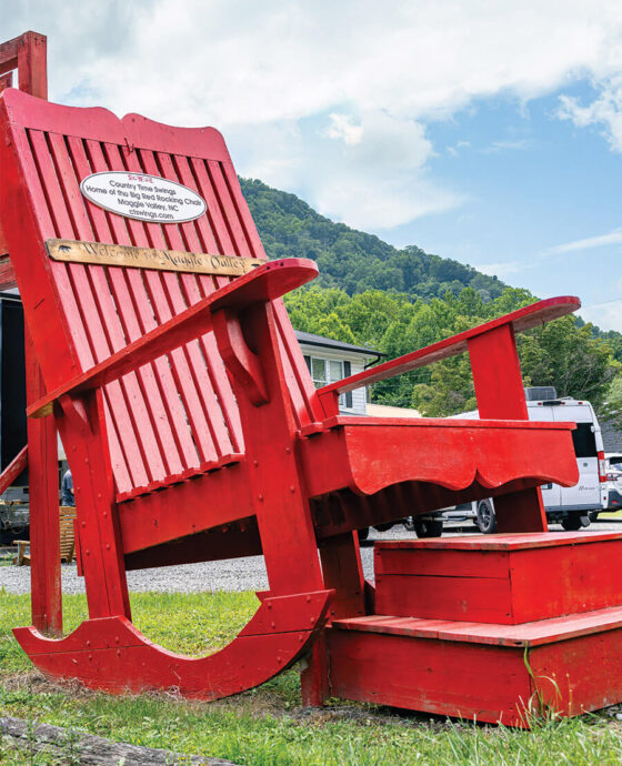 The giant red rocking chair outside Country Time Swings