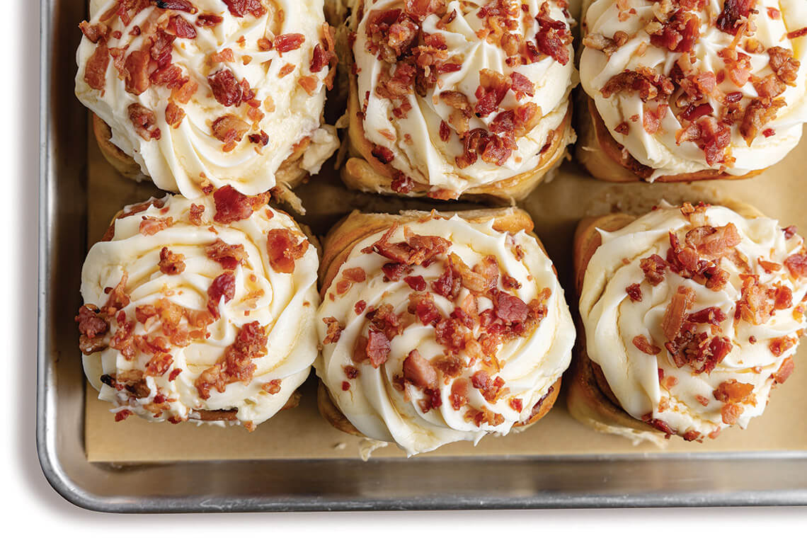 Tray of maple bacon rolls from Gogo's Cinnamon Rolls