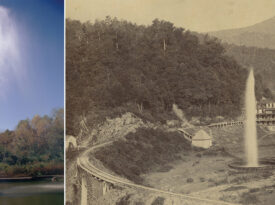 Andrews Geyser, and the rail road through Old Fort.