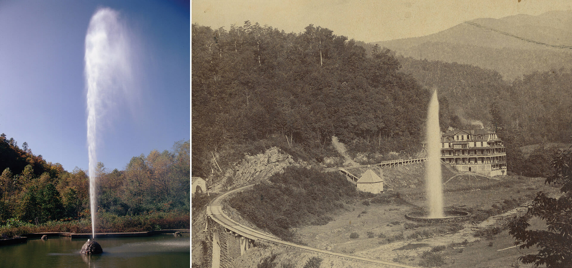 Andrews Geyser, and the rail road through Old Fort.