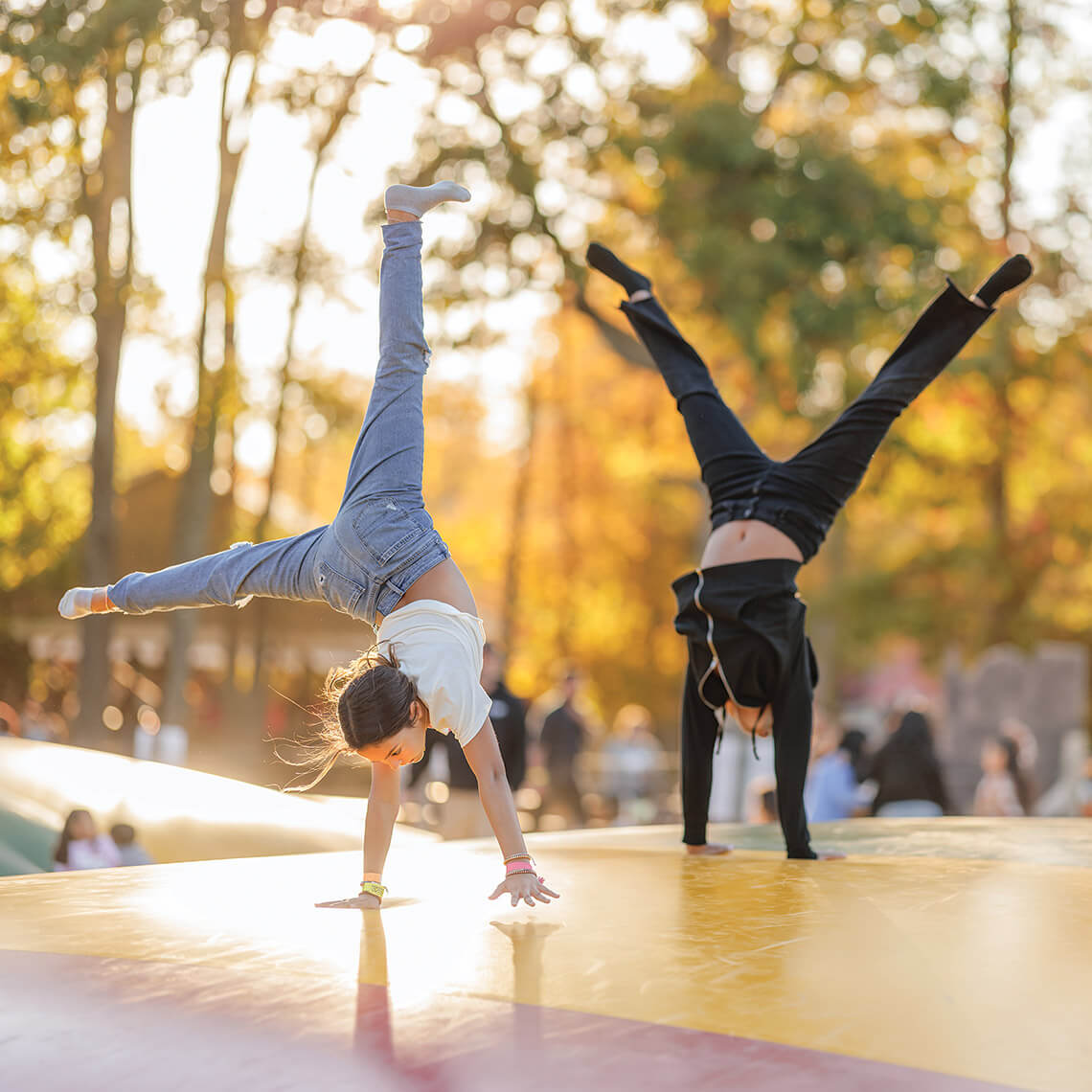 At Kersey Valley, children cartwheel on the jumping pillows.