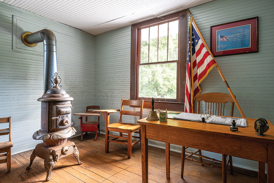 Desk and wood stove inside the Appalachian Women's Museum