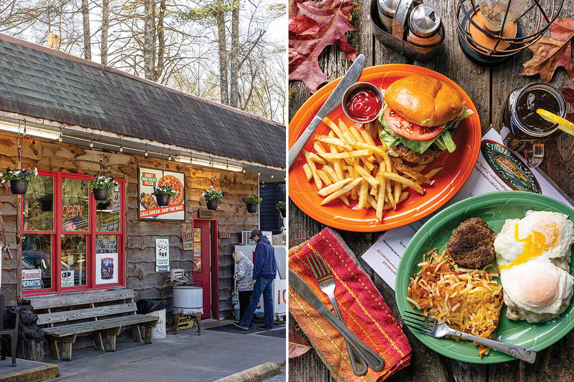 People enter Creekside Market & Grill; plates of food at Creekside Market and Grill